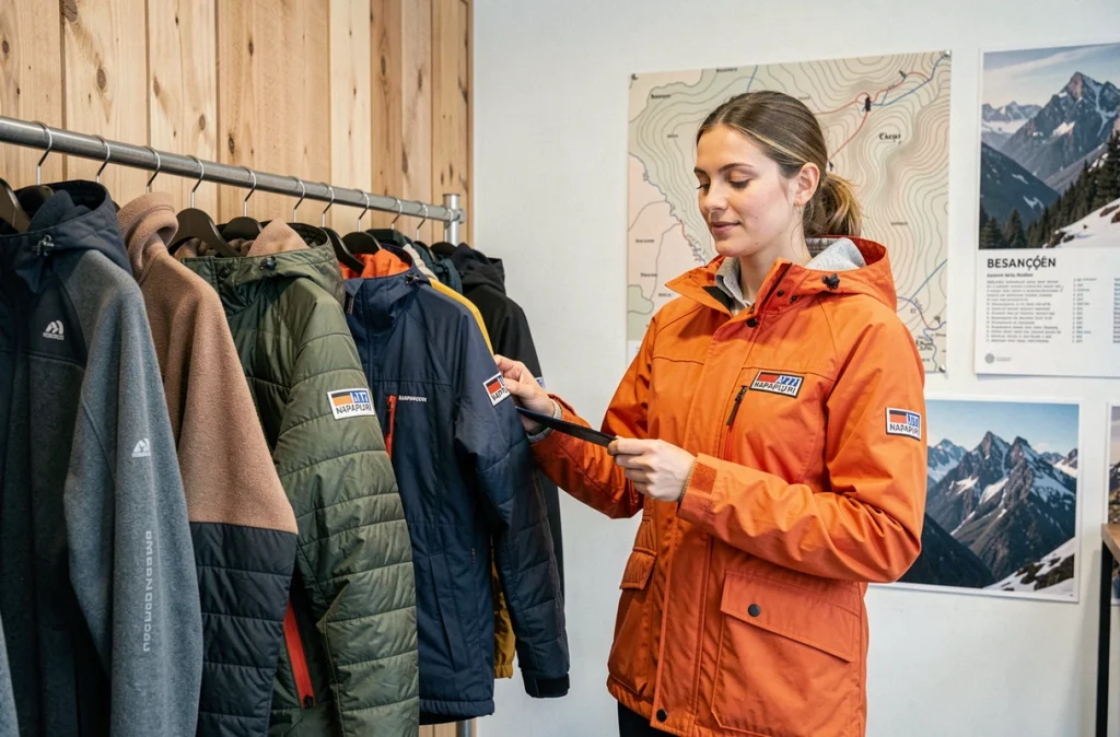 Intérieur de la boutique Napapijri à Besançon avec des anoraks et parkas techniques sur racks métalliques industriels