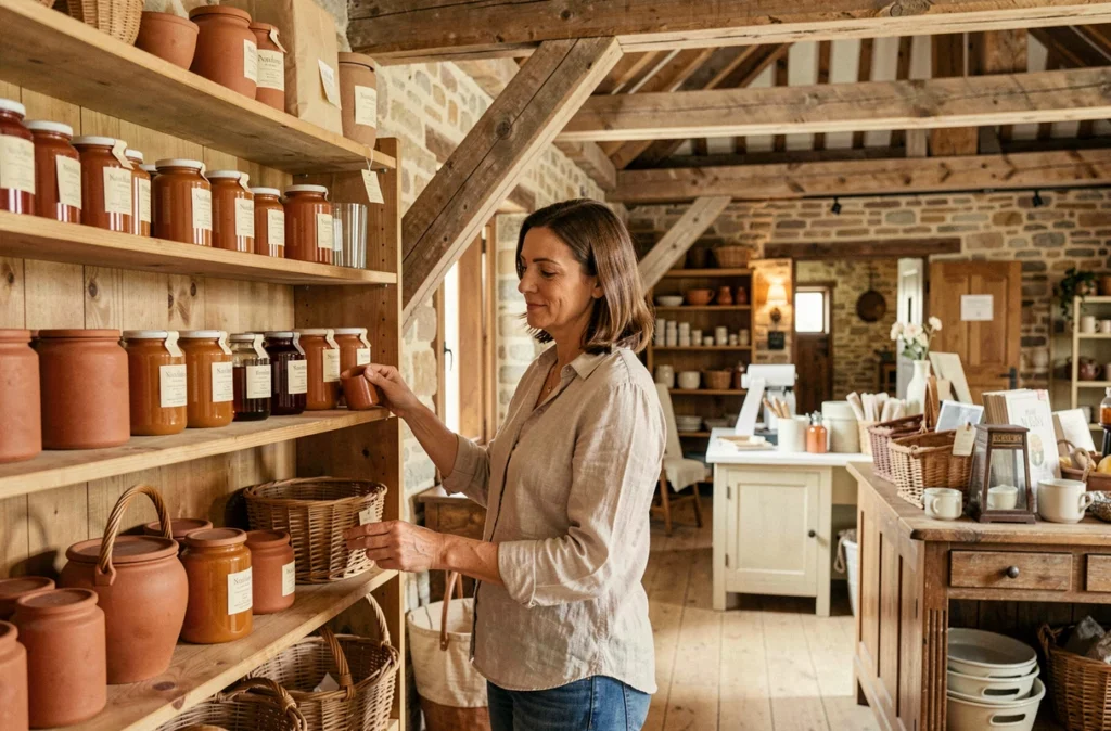 Intérieur du Pressoir Concept Store au Pays d'Auge avec des poutres apparentes, des murs en pierre et des produits artisanaux normands exposés sur des meubles en bois ancien