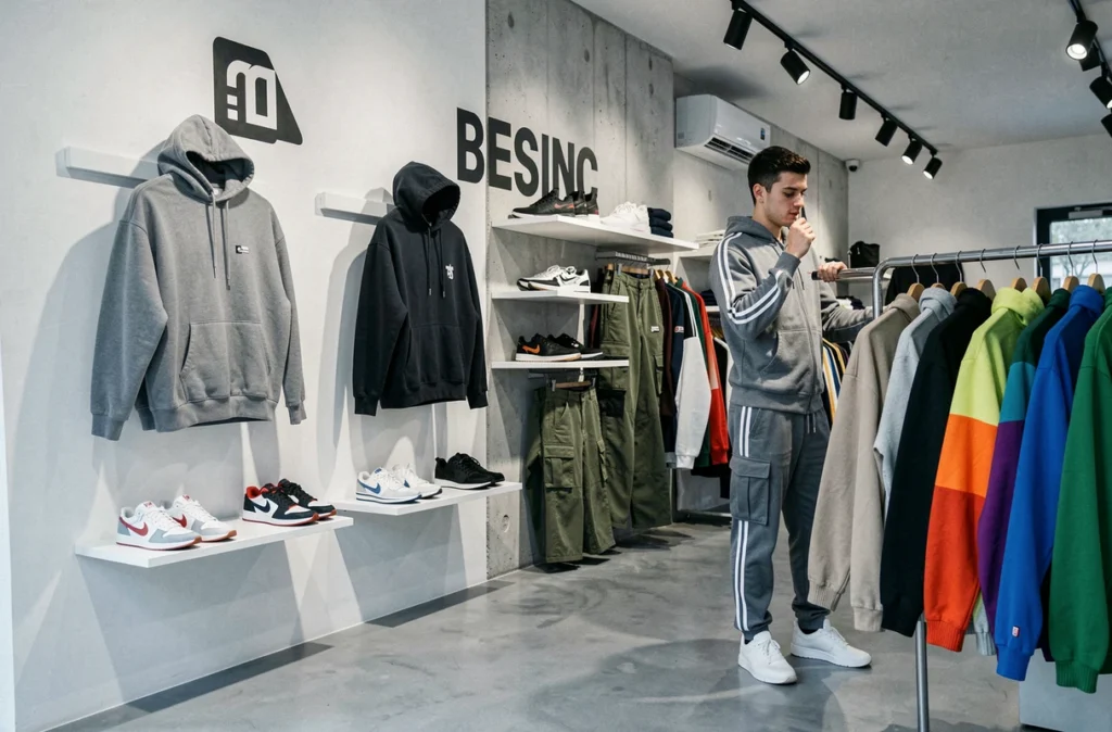 Intérieur moderne de la boutique Tanka Clothes à Besançon avec des vêtements streetwear sur étagères minimalistes