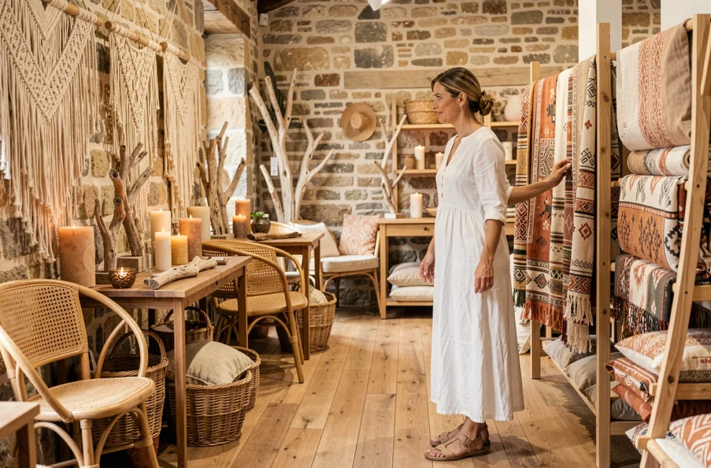 Intérieur bohème-chic du concept store Villa Gypsy à Honfleur avec du mobilier en rotin, des textiles artisanaux, des bougies et des sculptures en bois flotté dans un espace aux murs en pierre