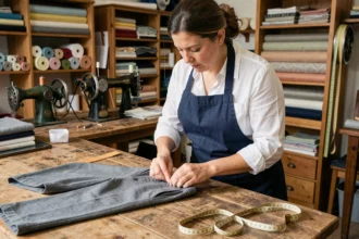 Couturière professionnelle épinglant l'ourlet d'un pantalon enfant sur une table de travail dans un atelier de couture artisanal